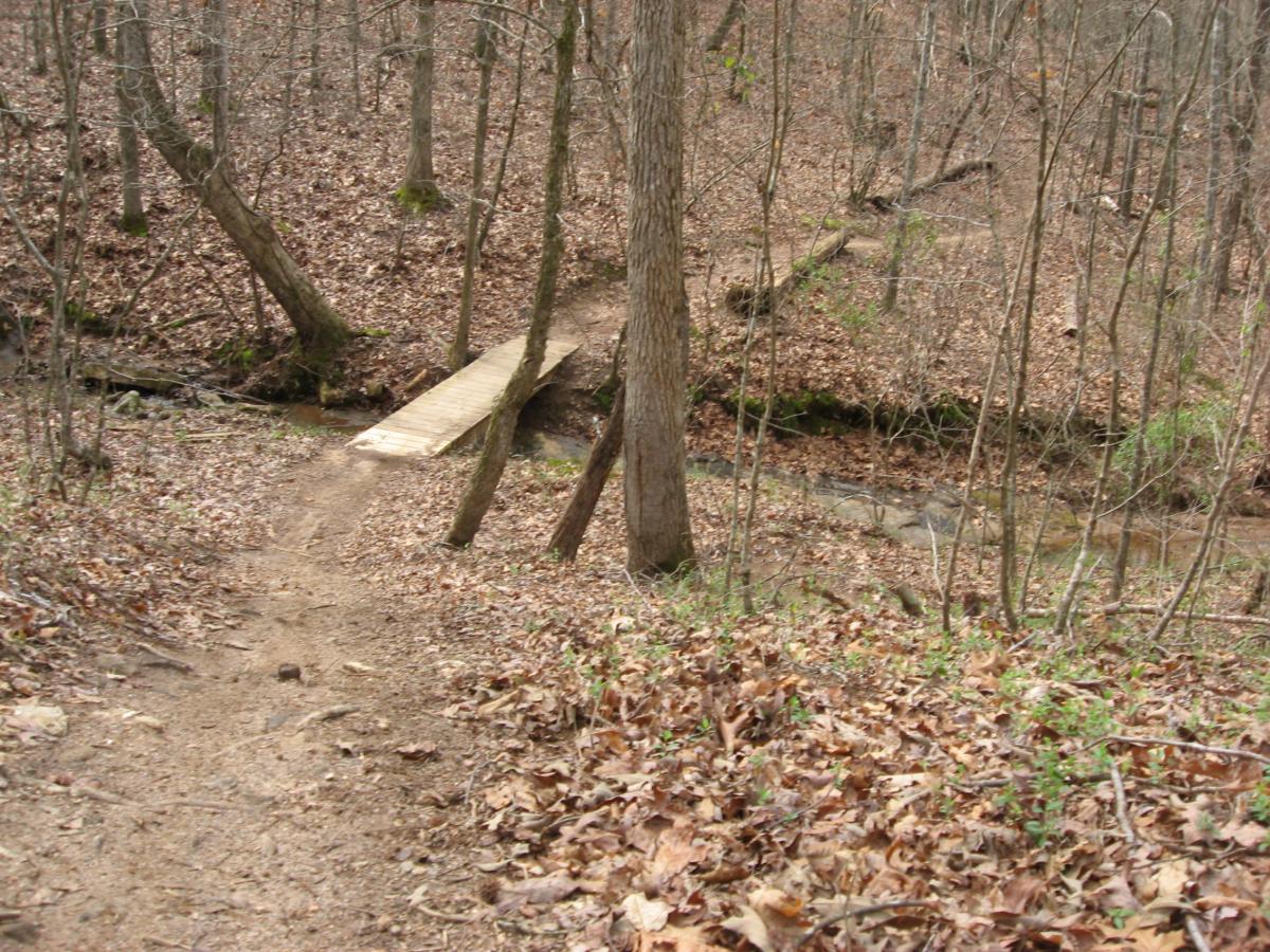 A narrow dirt path leads through a forested area covered in fallen leaves, with a small wooden bridge crossing a shallow stream in the background. Leafless trees line the scene, creating a serene atmosphere typical of early spring or late autumn. Heritage Park mountain bike trail.