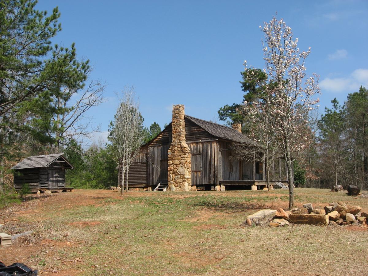 A historic wooden cabin with a stone chimney and a nearby small outbuilding, surrounded by trees and grass under a clear blue sky. A flowering tree stands in front of the cabin, adding a touch of color to the landscape. Heritage Park mountain bike trail.