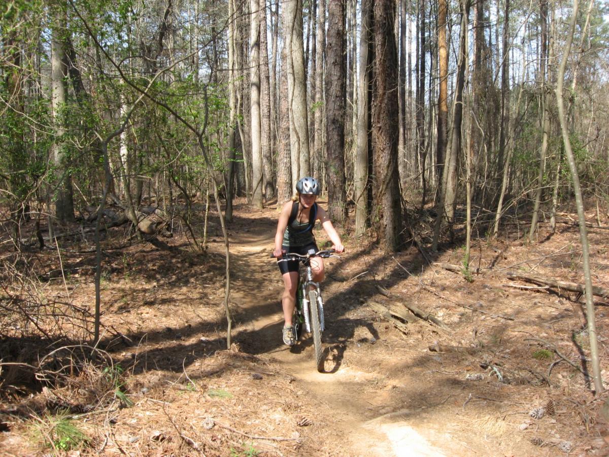 A person riding a mountain bike along a dirt trail in a forest, surrounded by tall trees and greenery. The cyclist is wearing a helmet and athletic attire, navigating through a sunlit, natural environment. Fort Yargo State Park mountain bike trail.