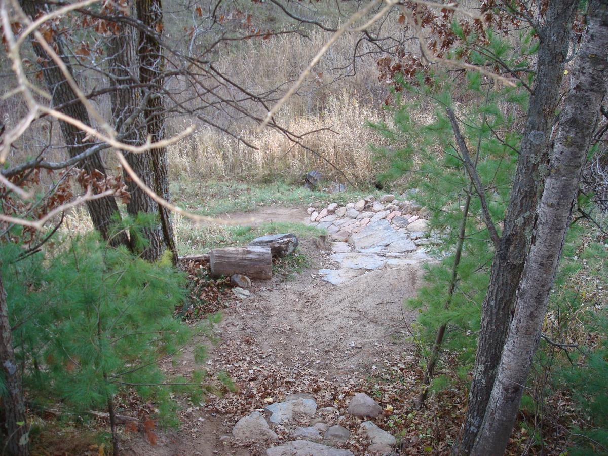 A rocky path winds through a forested area, bordered by trees and patches of green foliage. The path is made of smooth stones and dirt, leading towards a grassy clearing in the distance, with some fallen leaves scattered along the ground. Lowes Creek mountain bike trail.