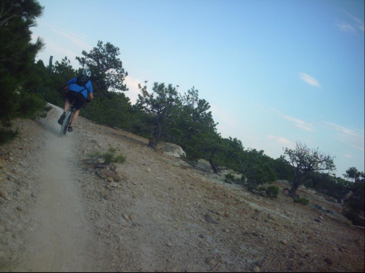 A person riding a mountain bike along a dusty trail surrounded by sparse vegetation and trees, with a blue sky in the background. Ute Valley Park mountain bike trail.