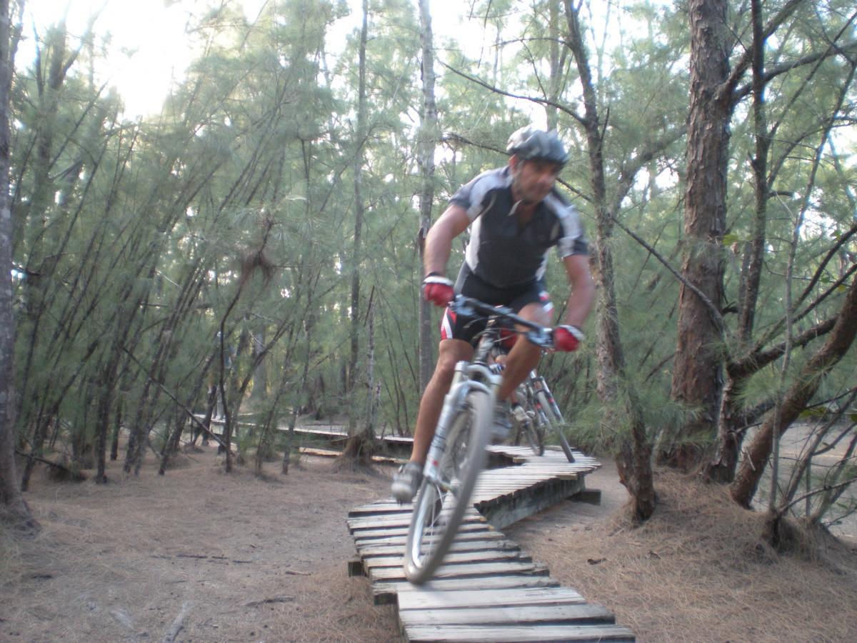 A cyclist riding on a wooden pathway through a forest of tall trees, surrounded by greenery. The biker is wearing a helmet and a cycling outfit, demonstrating motion as they navigate the trail. Another cyclist is visible in the background. Oleta River State Park mountain bike trail.