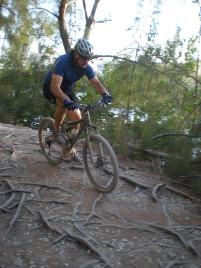 A person riding a mountain bike along a narrow trail with visible tree roots and dirt, surrounded by greenery and trees in the background. The rider is wearing a helmet and athletic clothes, navigating the winding path. Oleta River State Park mountain bike trail.