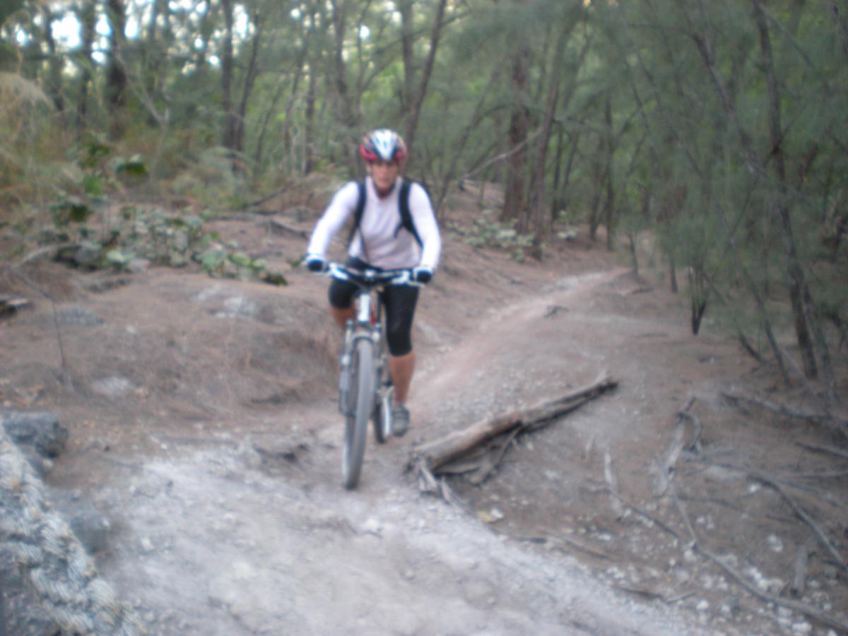 A person riding a mountain bike on a dirt trail surrounded by trees and greenery. The trail is uneven and includes rocky patches, suggesting a wilderness setting for outdoor biking. Oleta River State Park mountain bike trail.