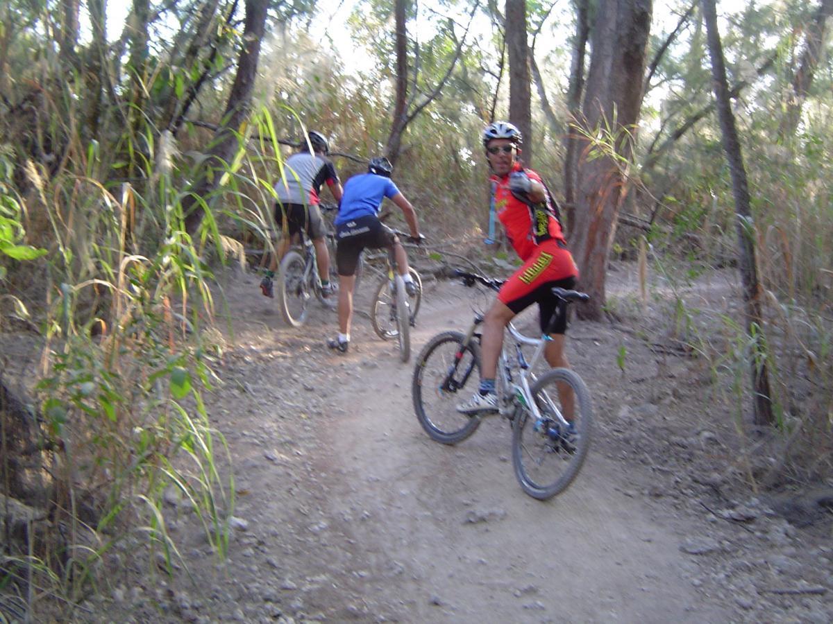 Three mountain bikers navigating a dirt trail in a wooded area. One rider, wearing a red jersey, is looking back and giving a thumbs-up. The surrounding landscape is lush with grass and trees, indicating a natural outdoor setting. Oleta River State Park mountain bike trail.