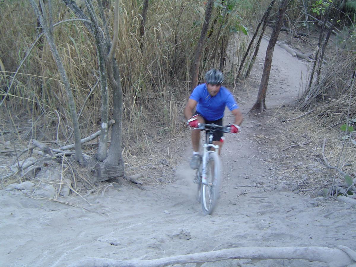 A person riding a mountain bike on a sandy trail surrounded by tall grass and trees. The cyclist is wearing a blue shirt, gloves, and a helmet, navigating a rocky section of the path. Dust is kicked up around the bike as it moves swiftly along the terrain. Oleta River State Park mountain bike trail.