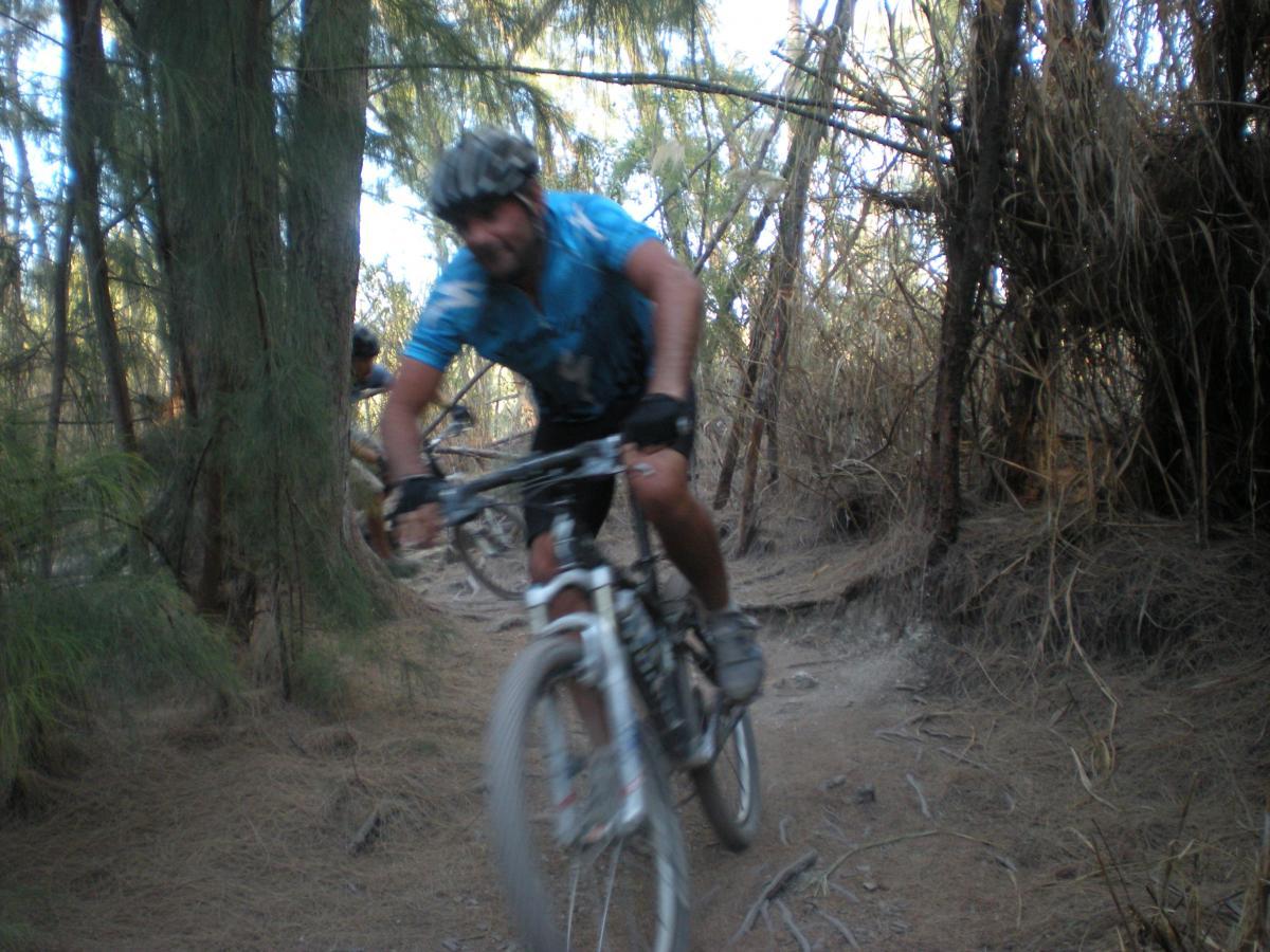 A mountain biker navigating a dirt trail surrounded by trees, with motion blur indicating speed. The cyclist is wearing a blue jersey and a helmet, and the trail appears rugged and natural, with scattered leaves and underbrush. Oleta River State Park mountain bike trail.