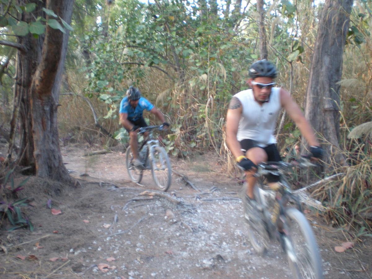 Two mountain bikers riding on a narrow dirt trail surrounded by dense vegetation. One biker is wearing a blue jersey and the other is dressed in a white sleeveless shirt. The scene conveys a sense of movement through a natural, rugged environment. Oleta River State Park mountain bike trail.