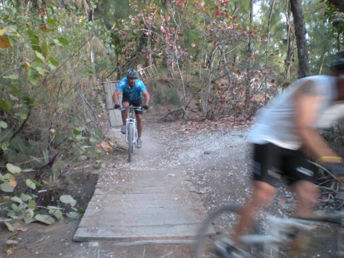 Two mountain bikers riding along a gravel trail surrounded by trees and foliage. One cyclist is in focus, wearing a blue jersey and riding over a wooden bridge, while the second cyclist is slightly blurred in motion behind him. Leaves and branches are visible along the path, indicating a natural outdoor setting. Oleta River State Park mountain bike trail.