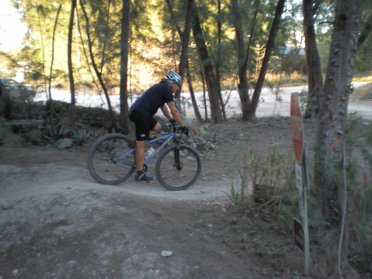 A person riding a mountain bike on a dirt trail surrounded by trees, with a stop sign visible in the foreground. The rider is wearing a helmet and cycling attire, navigating through a natural outdoor setting. Oleta River State Park mountain bike trail.
