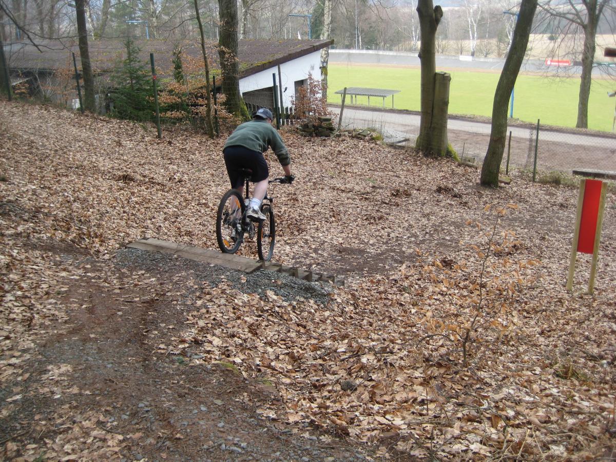 A mountain biker riding downhill on a trail covered in autumn leaves, approaching a small wooden bridge. In the background, there are trees and a sports field with benches. The scene is set in a natural outdoor environment. Technikparcours mountain bike trail.