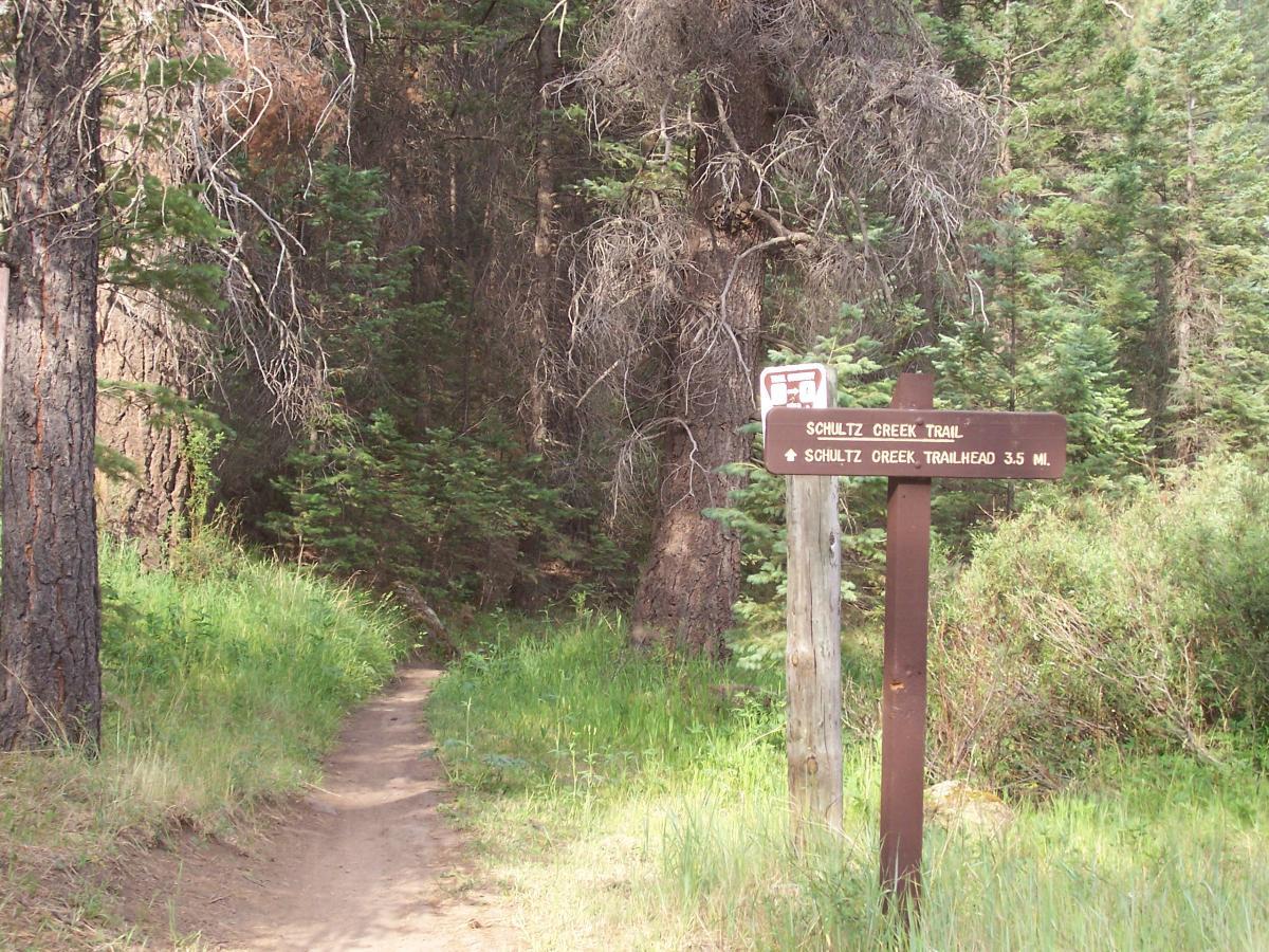 A dirt trail leads into a forested area, with tall trees on both sides. In the foreground, there is a wooden signpost with two signs: one indicating "Schultz Creek Trail" and the other pointing to "Schultz Creek Trailhead 3.5 mi." Lush greenery surrounds the trail, creating a serene, natural environment. Schultz Creek mountain bike trail.