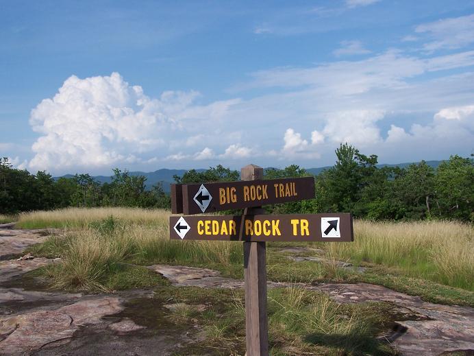 Signpost indicating the directions for the Big Rock Trail and Cedar Rock Trail, set against a backdrop of blue sky and fluffy white clouds. The scene features grassy terrain and distant mountains. DuPont State Forest mountain bike trail.