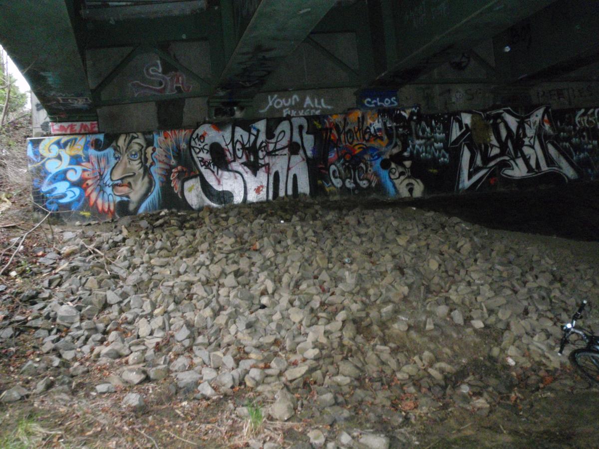 A view beneath a bridge showing a wall covered in colorful graffiti artwork, including abstract designs and various stylized text. A pile of irregularly shaped rocks is in the foreground, with some vegetation visible nearby. A bicycle can be seen on the right side of the image. The overall setting appears urban and slightly overgrown. Cere's Park mountain bike trail.