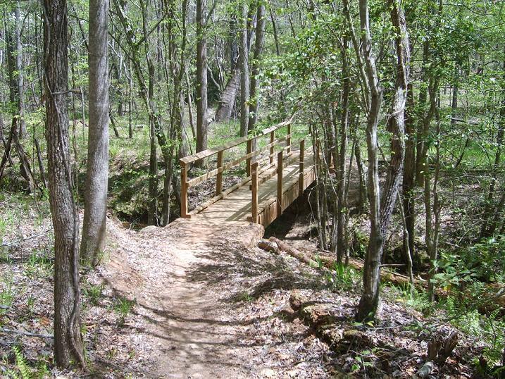 A wooden bridge spans a small ravine in a lush forest, surrounded by tall trees and vibrant green foliage. A dirt path leads towards the bridge, inviting exploration of the serene natural environment. Croft Passage mountain bike trail.