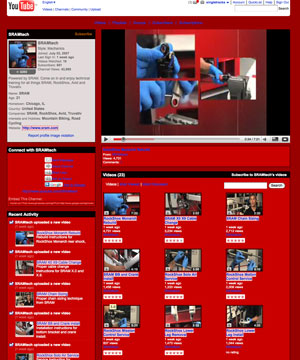 Screenshot of a YouTube channel with a video in progress, featuring instructional content and a red-themed layout. The video shows a person wearing blue gloves working on a mechanical task. The channel section includes recent uploads and options to connect or subscribe.