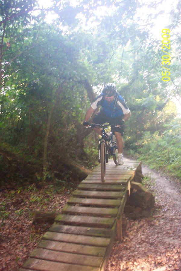 A person riding a mountain bike on a wooden bridge in a forested area, with lush green foliage surrounding the path. The cyclist appears to be in motion, navigating the trail with concentration. Loyce E. Harpe Park mountain bike trail.