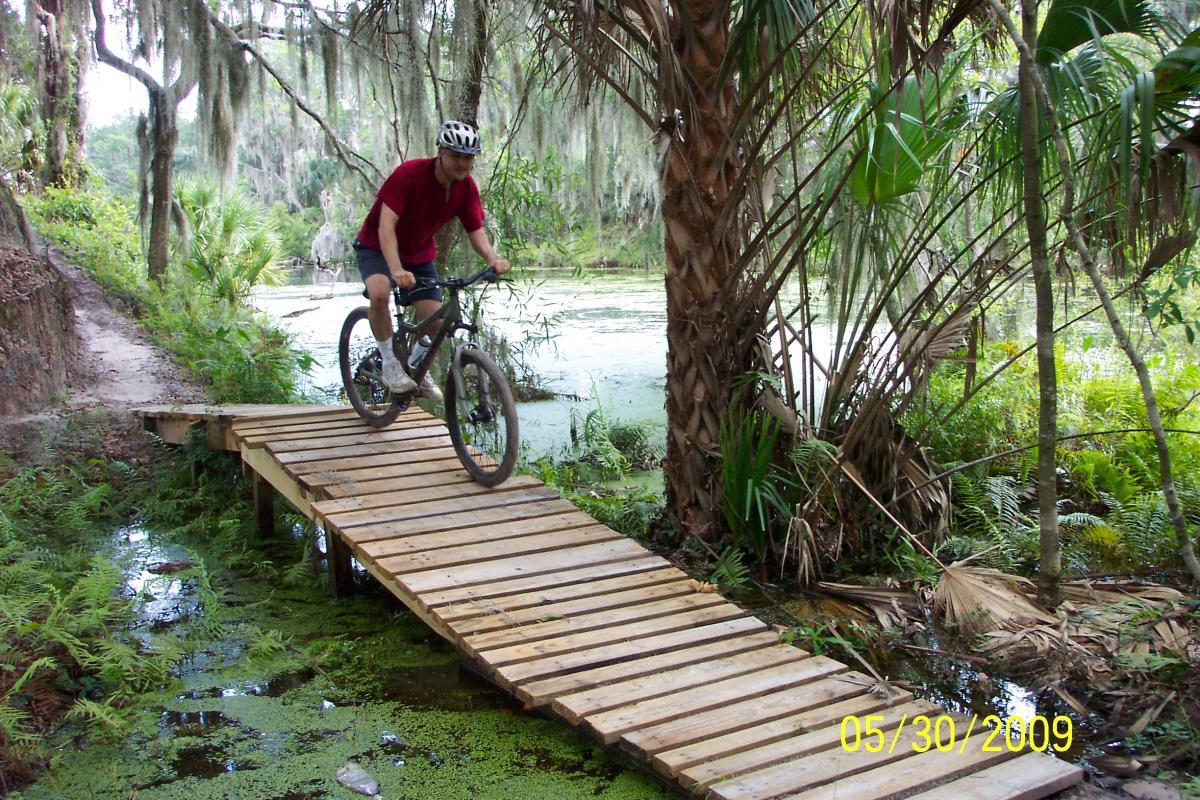 A person riding a mountain bike over a wooden bridge surrounded by lush greenery and a body of water with aquatic plants. The scene captures the natural beauty of a forested area, ideal for outdoor biking activities. Loyce E. Harpe Park mountain bike trail.
