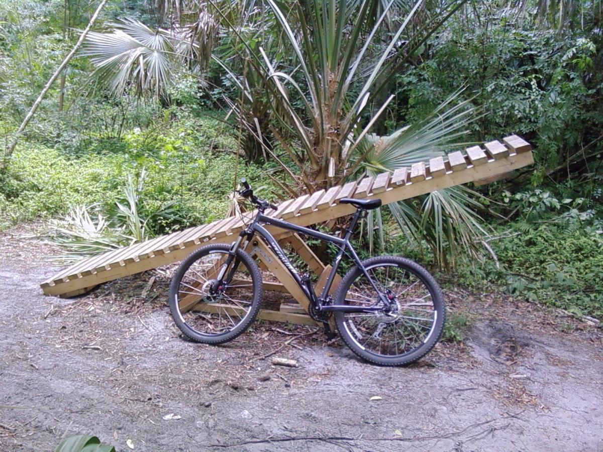 A mountain bike resting beside a wooden ramp positioned along a dirt trail in a lush green forest. The surrounding vegetation includes various plants and palm fronds, indicating a natural outdoor setting. Soldier Creek Park mountain bike trail.