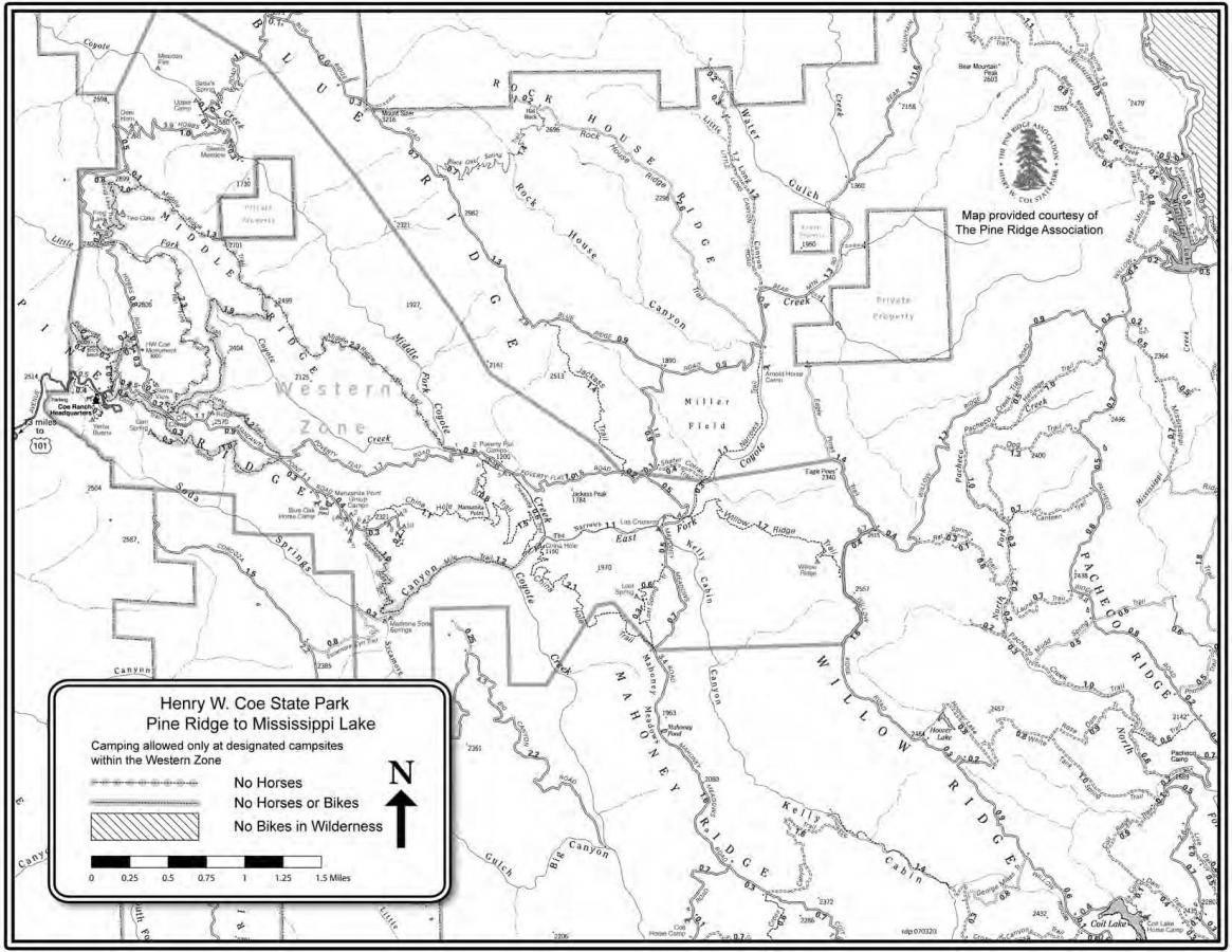 Alt text: "Map of Henry W. Coe State Park showing the area from Pine Ridge to Mississippi Lake, including designated camping zones and trails. The map features a legend indicating restrictions on horse riding and biking in various areas." Coe Middle Ridge mountain bike trail.