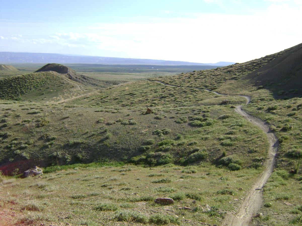 A scenic view of rolling hills covered with green vegetation, with a winding dirt path traversing through the landscape. The sky is bright with a few clouds, and expansive plains stretch into the distance. The terrain appears rugged yet inviting for exploration. Zippety Do Dah mountain bike trail.
