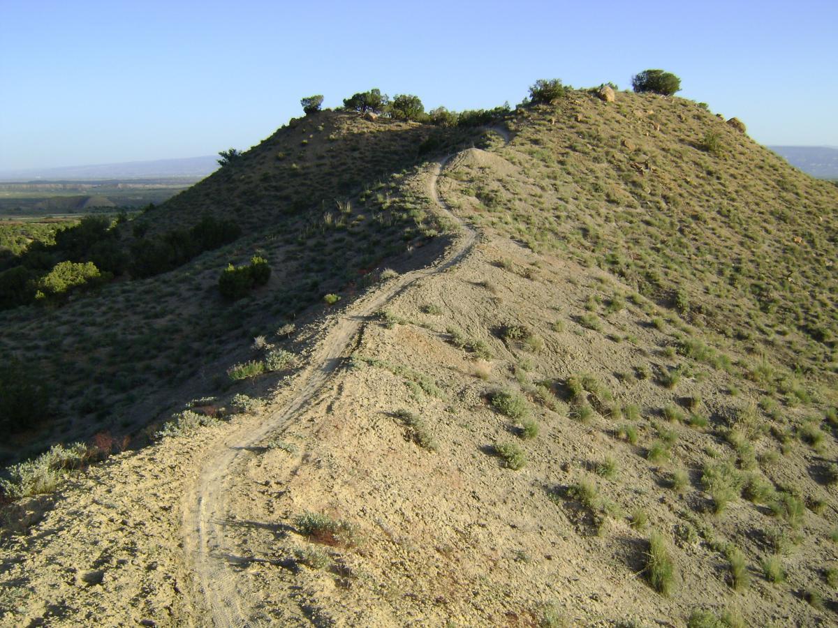 A winding dirt path leads along a hillside covered in sparse vegetation, with gentle slopes rising on either side under a clear blue sky. The landscape features a mix of rocky terrain and low shrubs, creating a natural and serene environment. Joe's Ridge mountain bike trail.