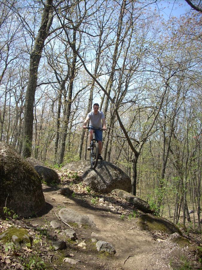 A cyclist riding a mountain bike stands atop a large rock on a wooded trail, surrounded by trees and natural scenery. The ground features a dirt path with scattered rocks and foliage. Standing Rocks mountain bike trail.