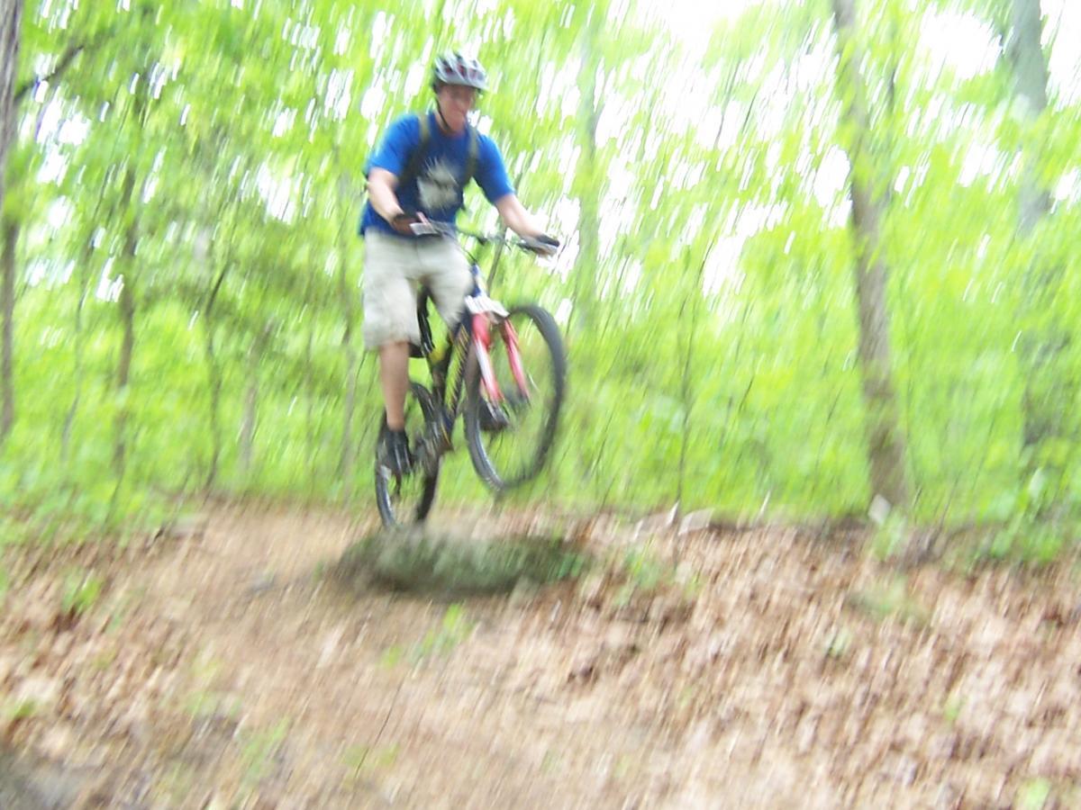 A person wearing a blue shirt and a helmet performs a jump on a mountain bike over a small obstacle in a wooded area, with blurred motion capturing the action. The surrounding environment features green trees and fallen leaves on the ground. Powhite Park mountain bike trail.