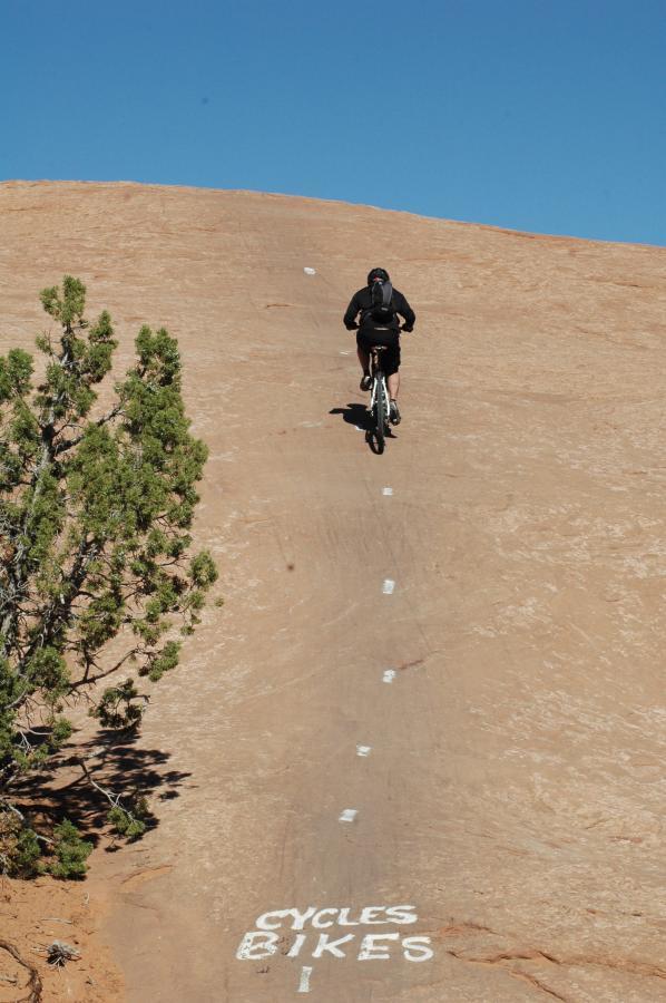 A cyclist riding uphill on a rocky terrain, with a clear blue sky overhead. A green shrub is visible on the left side of the image, and the ground features white markings indicating a bike trail with the words "CYCLES" and "BIKES." Slickrock mountain bike trail.