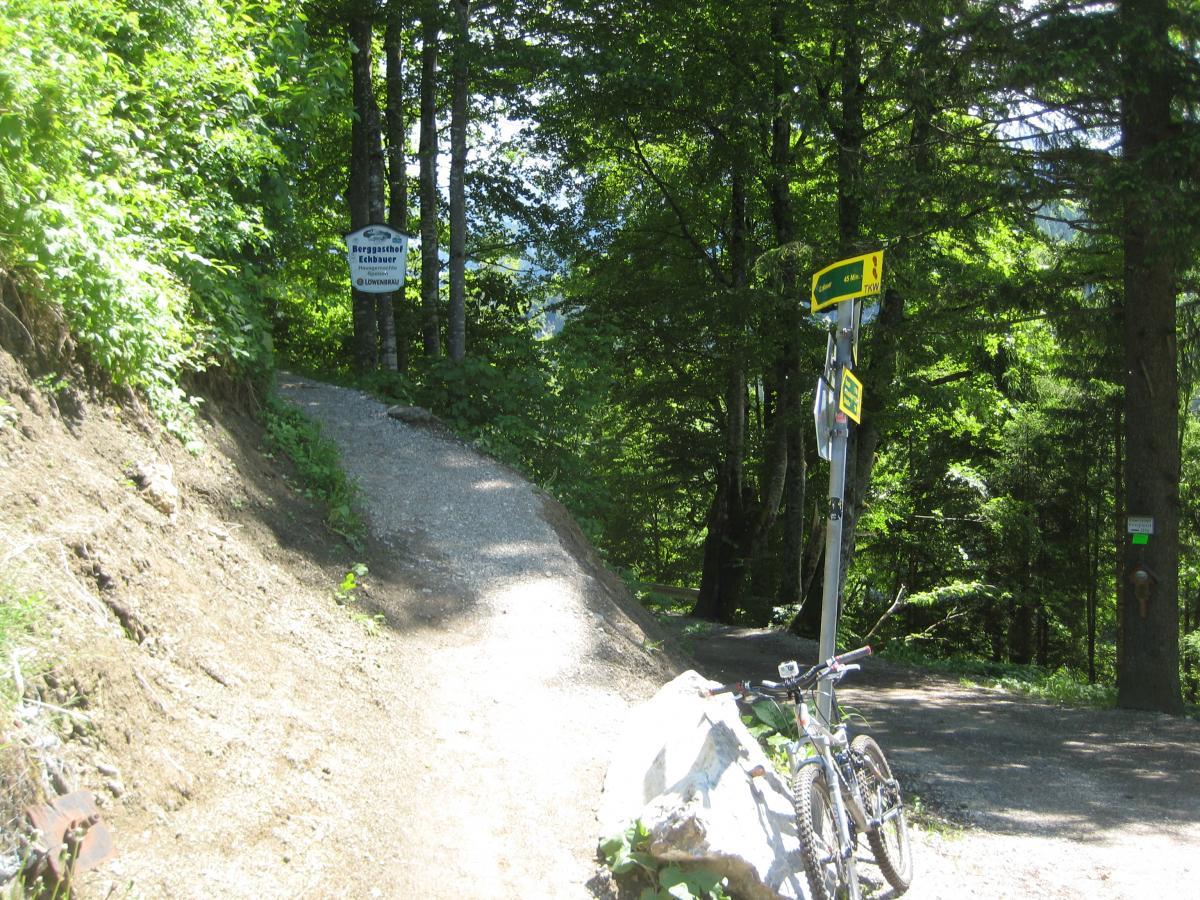 A gravel path winding through a lush green forest, with a mountain bike propped against a rock on the left side. Nearby, a signpost indicates directions and distances to various destinations, while another sign is visible on a tree. Sunlight filters through the trees, creating a serene outdoor atmosphere. Garthof Partnachklamm Trail mountain bike trail.