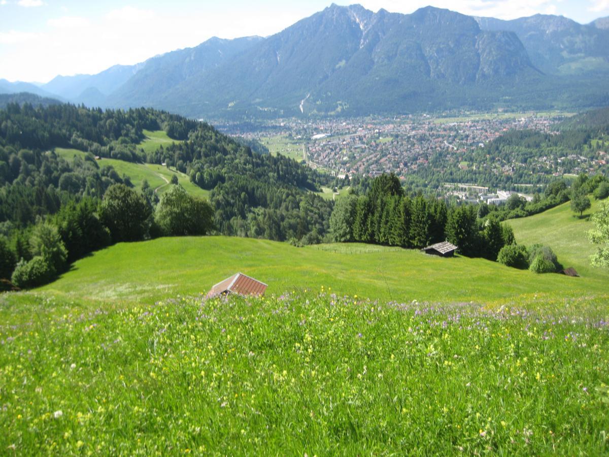A scenic view of a lush green landscape featuring rolling hills and a valley. In the foreground, a vibrant meadow filled with wildflowers is visible, while a small building with a red roof can be seen nestled among the grass. The background showcases majestic mountains under a clear blue sky, and a town is visible in the valley below, surrounded by trees and greenery. Garthof Partnachklamm Trail mountain bike trail.