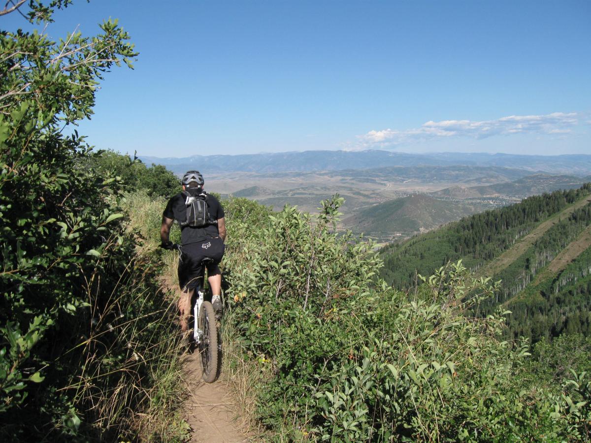A person riding a mountain bike along a narrow trail surrounded by greenery, with a scenic view of rolling hills and mountains in the background under a clear blue sky. Mid Mountain mountain bike trail.