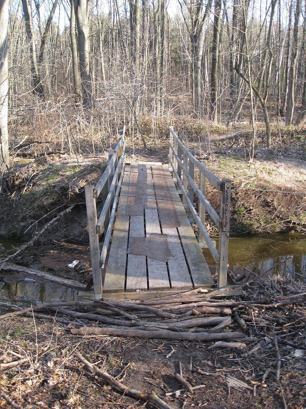 Alt text: A wooden footbridge spans a small creek in a forested area. Surrounding the bridge are bare trees and sparse underbrush, suggesting an early spring or late winter scene. The bridge is marked with a sign that reads "West Bridge." Midland City Forest mountain bike trail.
