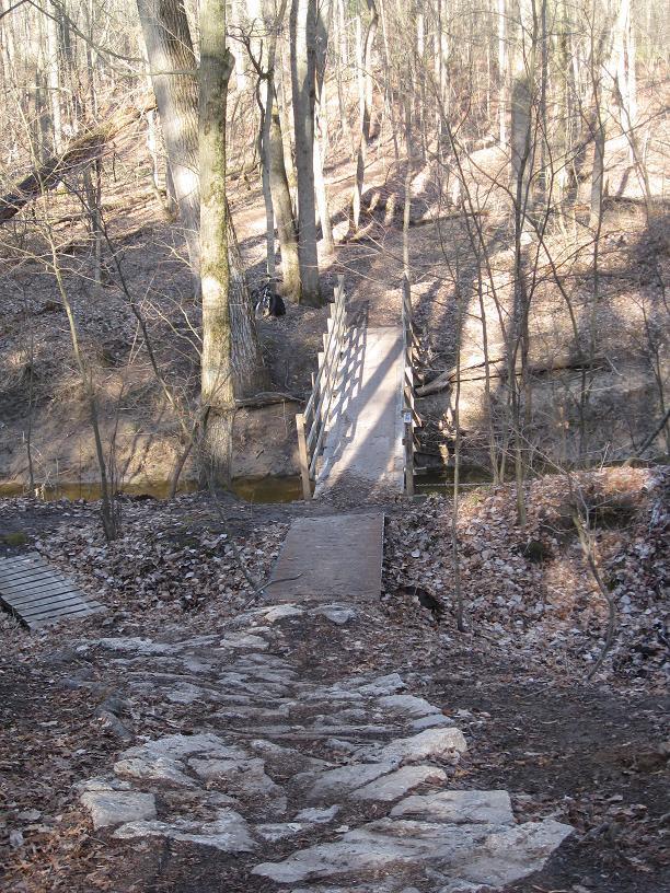 A wooden bridge spans a small stream in a wooded area, surrounded by trees and fallen leaves. A rocky path leads toward the bridge, which connects two sides of a gentle slope. Sunlight filters through the branches, illuminating the tranquil scene. Midland City Forest mountain bike trail.