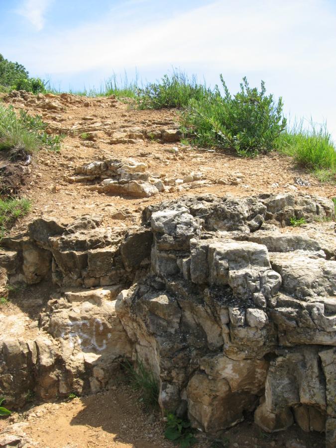 A rocky path leading up a hill, surrounded by greenery and blue sky. The foreground features uneven rock formations and dirt, while the incline becomes more prominent in the background. Bluff Trails mountain bike trail.