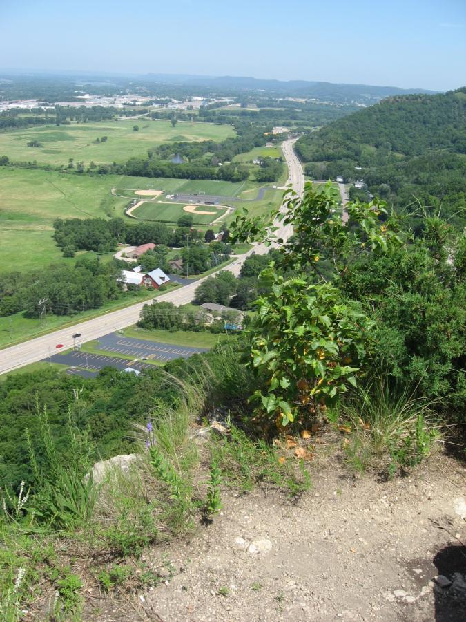 A panoramic view from a high vantage point overlooking a green valley, with a winding road visible below. A baseball field and a parking lot can be seen in the foreground, surrounded by trees and vegetation. The scene is under a clear blue sky, with distant hills visible in the background. Bluff Trails mountain bike trail.