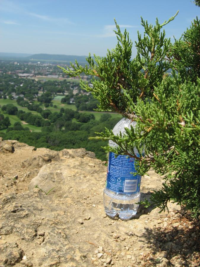 A clear plastic water bottle partially hidden behind a small green bush on a rocky ledge, with a scenic view of green hills and a distant skyline in the background under a bright blue sky. Bluff Trails mountain bike trail.