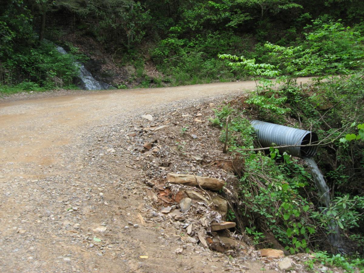 A gravel road curves to the right, with a drainage pipe on the right side, from which water flows into a small, grassy area. Lush green foliage surrounds the scene, with a trickling stream visible in the background. Hickory Nut mountain bike trail.