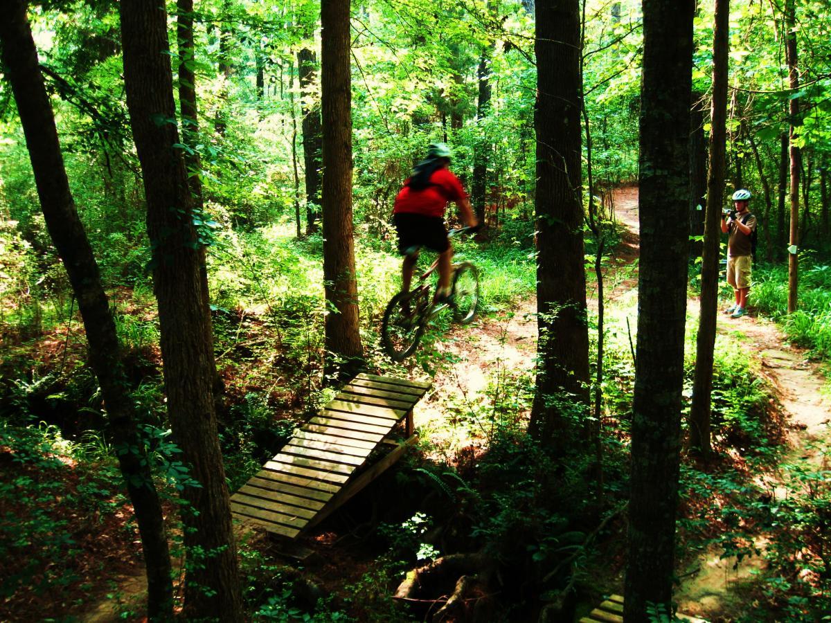 A mountain biker in a red shirt jumps off a wooden bridge over a small creek, surrounded by lush green trees in a forested area. Another person, wearing a helmet, stands nearby on the trail, capturing the moment with a camera. Mt. Zion Bike Trails mountain bike trail.