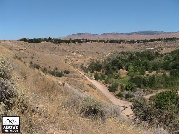 A scenic landscape featuring rolling hills and a winding dirt path, surrounded by sparse vegetation and trees. In the background, there are distant mountains under a clear blue sky. The foreground shows dry grass and patches of green foliage near the path, suggesting a natural outdoor setting. Red Fox Loop mountain bike trail.