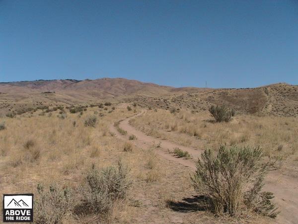 A dirt path winding through a dry, grassy landscape with sparse vegetation and rolling hills under a clear blue sky. Red Fox Loop mountain bike trail.