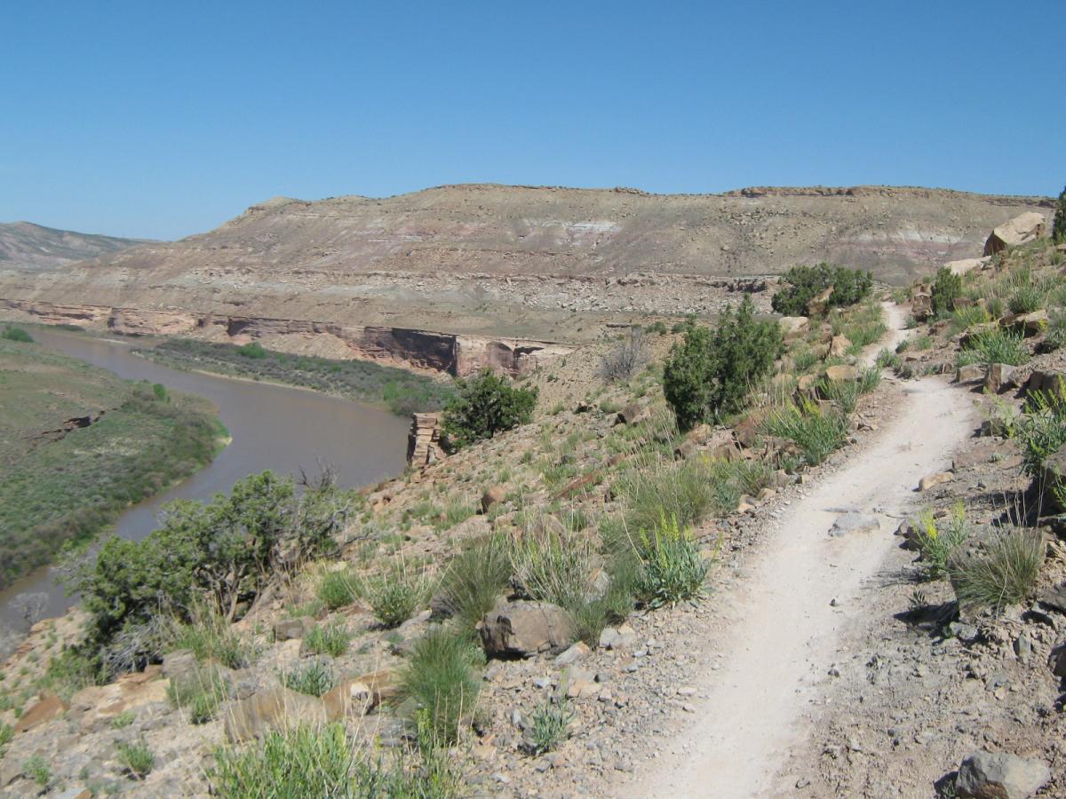 A winding dirt trail leads along a rocky cliff overlooking a winding river surrounded by lush greenery and rugged terrain under a clear blue sky. The landscape features rolling hills and layered rock formations in the background. Mary's Loop / Horsethief Bench mountain bike trail.