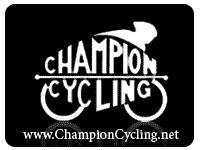 Logo of Champion Cycling featuring stylized text and a bicycle graphic, set against a black background. The website URL "www.ChampionCycling.net" is displayed at the bottom.