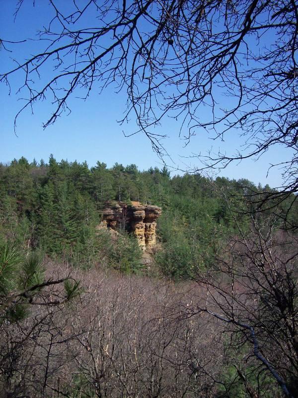 A rock formation standing prominently amidst a dense forest, with a clear blue sky overhead. The landscape includes a mix of evergreen and leafless trees, showcasing the natural beauty of the surroundings. Levis Mounds mountain bike trail.