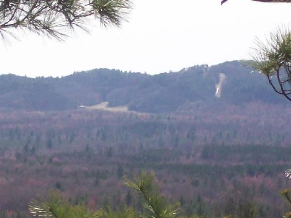 A panoramic view of rolling hills with a mix of evergreen trees and deciduous foliage, showcasing the transition of colors in the landscape. In the distance, a patch of open land is visible on a hill, while a faint water feature cascades down one side, surrounded by greenery, under a clear sky. Levis Mounds mountain bike trail.