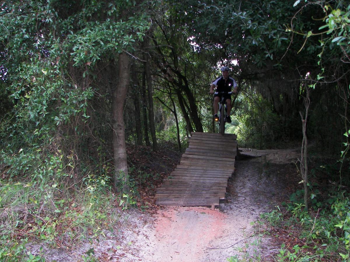 A cyclist performing a jump on a wooden ramp in a wooded area, surrounded by lush greenery and trees. Loyce E. Harpe Park mountain bike trail.