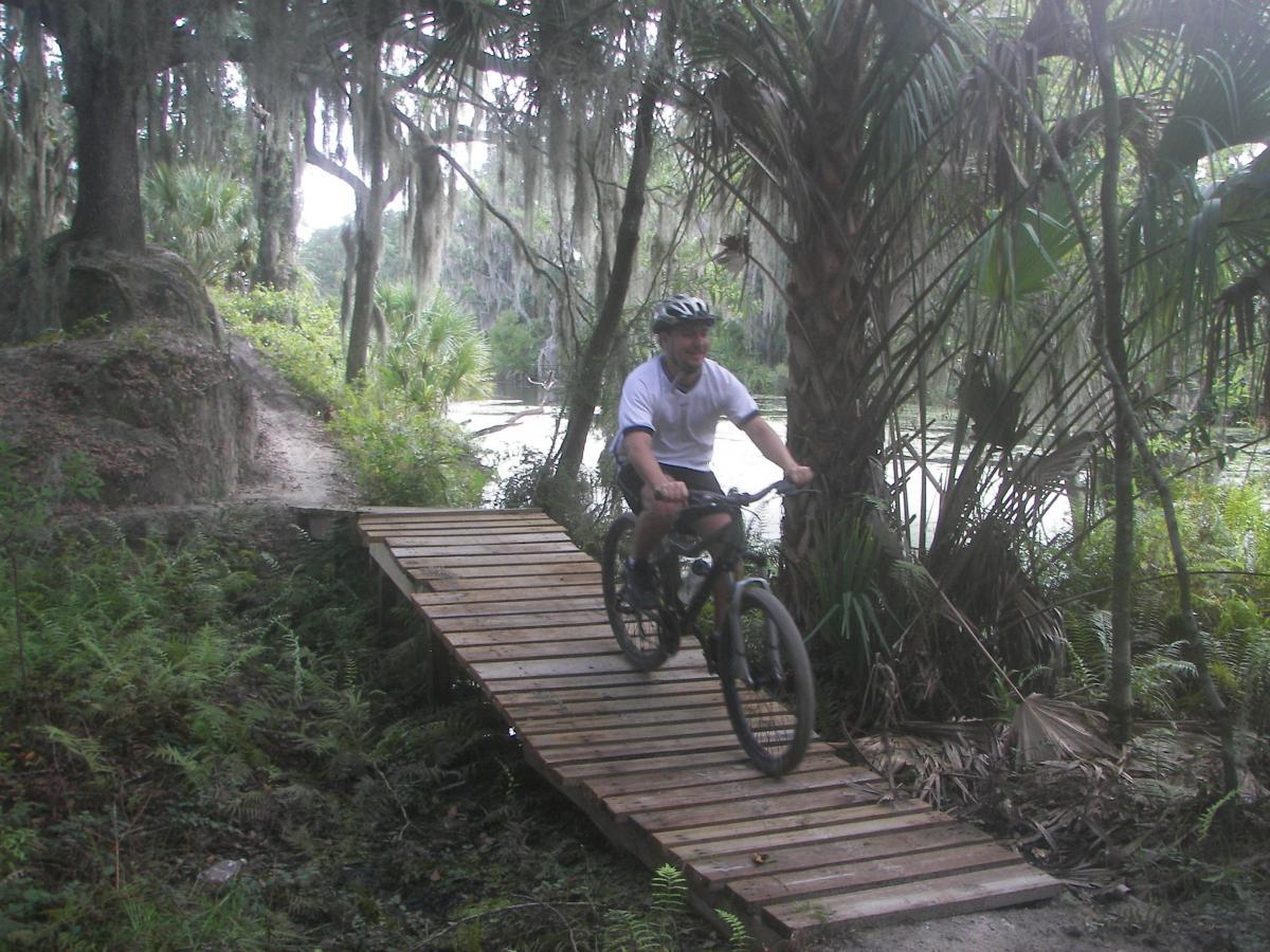 A person riding a mountain bike across a wooden bridge in a lush, forested area. The scene features palm trees, hanging Spanish moss, and a river in the background, highlighting a serene outdoor environment. Loyce E. Harpe Park mountain bike trail.