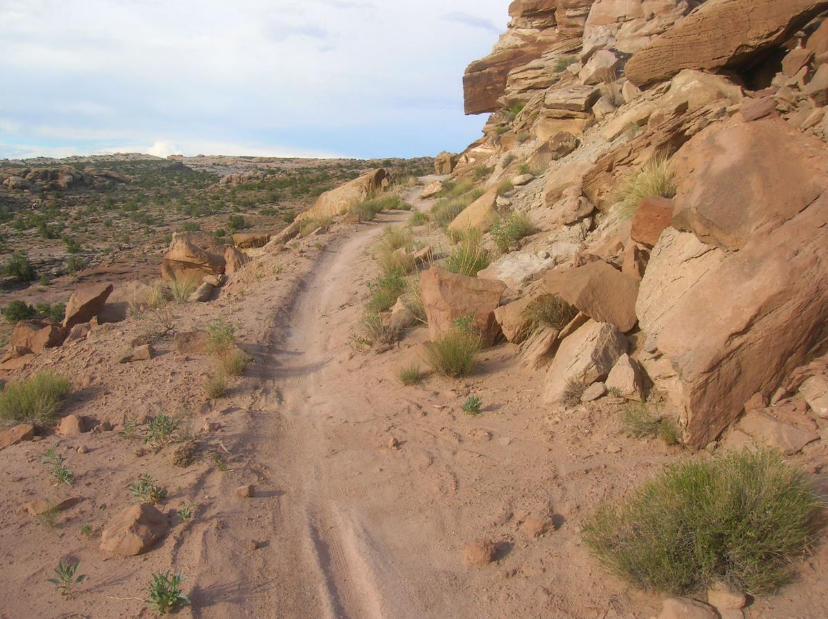 A narrow dirt trail winding through a rugged landscape featuring rocky outcrops and sparse vegetation. The ground is sandy, with patches of grass and low shrubs scattered around. The sky above is partly cloudy, suggesting a warm, sunny day in a desert-like environment. Sovereign Single Track mountain bike trail.