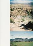 A split image featuring two photos: the top shows a rocky landscape with a distant view of hills under a cloudy sky, while the bottom depicts a flat landscape with lush green fields and a power line stretching across the foreground, with rolling hills in the background. Hartman Rocks mountain bike trail.