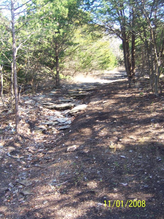 A narrow dirt path lined with rocks and surrounded by trees, the scene captures a peaceful outdoor setting. Sunlight filters through the foliage, creating dappled shadows on the ground, and the path leads deeper into the wooded area. Sac River Trail mountain bike trail.